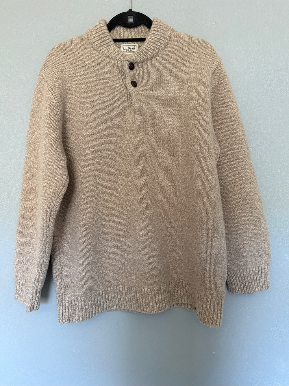 L.L. Bean Classic Ragg Wool Henley Sweater Oatmeal Marled Lambswool XL-Tall
